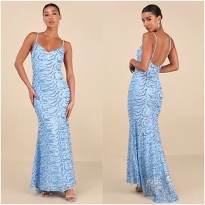 LULU'S Mesmerizing Demeanor
Blue Sequin Backless Mermaid Maxi
Dress